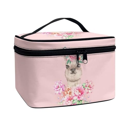 Xoenoiee Tragbare Make-up-Tasche, große Tragetasche, Kosmetiktasche mit Griff, Reise-Kulturbeutel für Frauen und Mädchen, Make-up-Organizer, Alpaka-Blumenmuster, Einheitsgröße von Xoenoiee