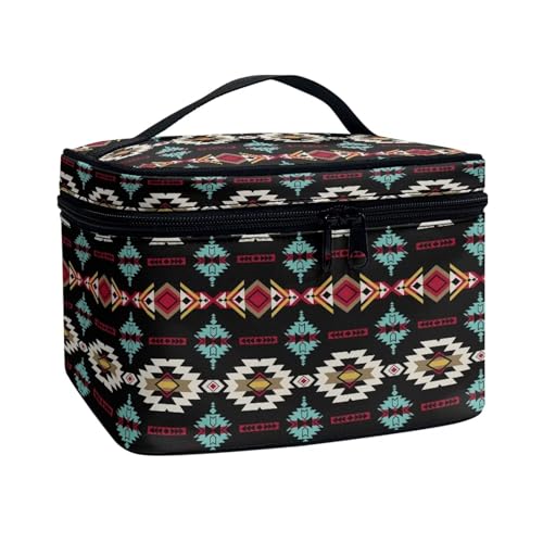 Xoenoiee Tragbare Make-up-Tasche, große Tragetasche, Kosmetiktasche mit Griff, Reise-Kulturbeutel für Frauen und Mädchen, Make-up-Organizer, Aztekische amerikanische Tribal-Geometrie, Einheitsgröße von Xoenoiee