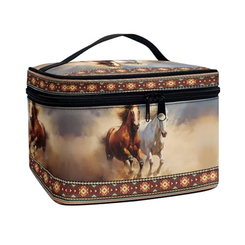 Xoenoiee Tragbare Make-up-Tasche, große Tragetasche, Kosmetiktasche mit Griff, Reise-Kulturbeutel für Frauen und Mädchen, Make-up-Organizer, Aztekisches Tribal-Pfer, Einheitsgröße von Xoenoiee