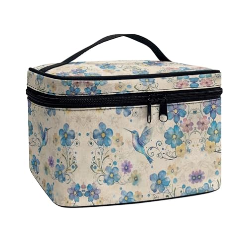 Xoenoiee Tragbare Make-up-Tasche, große Tragetasche, Kosmetiktasche mit Griff, Reise-Kulturbeutel für Frauen und Mädchen, Make-up-Organizer, Blaues Kolibri-Blumenmuster, Einheitsgröße von Xoenoiee