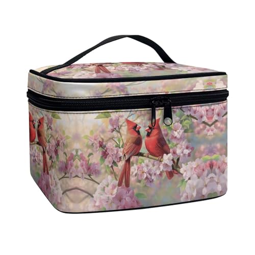 Xoenoiee Tragbare Make-up-Tasche, große Tragetasche, Kosmetiktasche mit Griff, Reise-Kulturbeutel für Frauen und Mädchen, Make-up-Organizer, Cardinal Bird Pink Cherry Blossom, Einheitsgröße von Xoenoiee