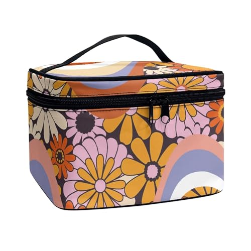 Xoenoiee Tragbare Make-up-Tasche, große Tragetasche, Kosmetiktasche mit Griff, Reise-Kulturbeutel für Frauen und Mädchen, Make-up-Organizer, Groovy Hippie-Blume, Einheitsgröße von Xoenoiee