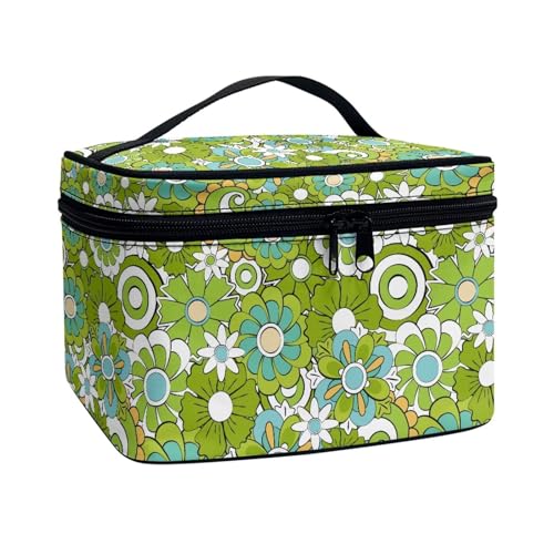 Xoenoiee Tragbare Make-up-Tasche, große Tragetasche, Kosmetiktasche mit Griff, Reise-Kulturbeutel für Frauen und Mädchen, Make-up-Organizer, Hippie-Blumen, Grün, Einheitsgröße von Xoenoiee