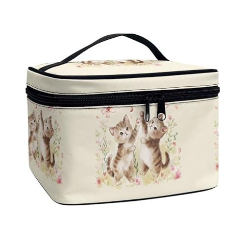 Xoenoiee Tragbare Make-up-Tasche, große Tragetasche, Kosmetiktasche mit Griff, Reise-Kulturbeutel für Frauen und Mädchen, Make-up-Organizer, Niedliche Katzen mit Blumenmuster, Einheitsgröße von Xoenoiee