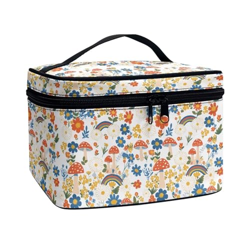 Xoenoiee Tragbare Make-up-Tasche, große Tragetasche, Kosmetiktasche mit Griff, Reise-Kulturbeutel für Frauen und Mädchen, Make-up-Organizer, Pilz, Gänseblümchen, Regenbogen, Einheitsgröße von Xoenoiee