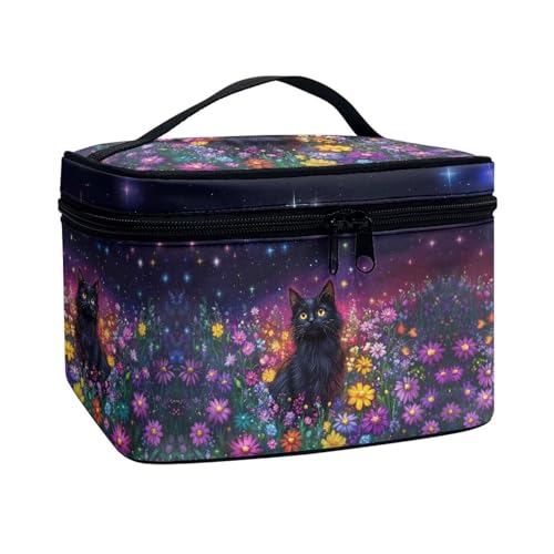 Xoenoiee Tragbare Make-up-Tasche, große Tragetasche, Kosmetiktasche mit Griff, Reise-Kulturbeutel für Frauen und Mädchen, Make-up-Organizer, Schwarze Katze, buntes Gänseblümchen, Einheitsgröße von Xoenoiee