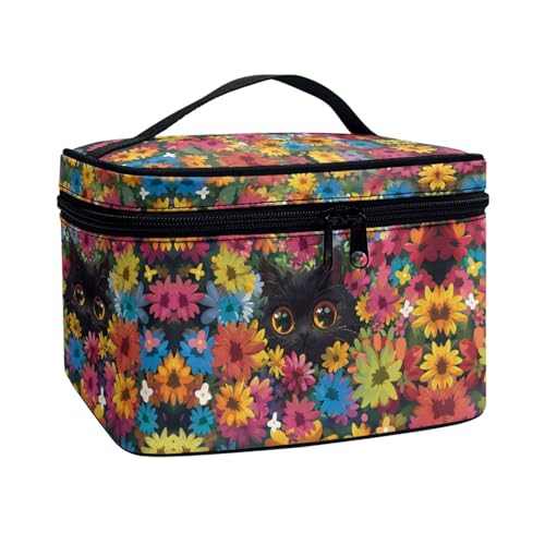 Xoenoiee Tragbare Make-up-Tasche, große Tragetasche, Kosmetiktasche mit Griff, Reise-Kulturbeutel für Frauen und Mädchen, Make-up-Organizer, Schwarze Katze Hippie Gänseblümchen, Einheitsgröße von Xoenoiee