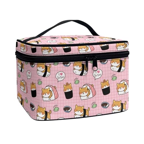 Xoenoiee Tragbare Make-up-Tasche, große Tragetasche, Kosmetiktasche mit Griff, Reise-Kulturbeutel für Frauen und Mädchen, Make-up-Organizer, Süßes Hunde-Sushi, Einheitsgröße von Xoenoiee