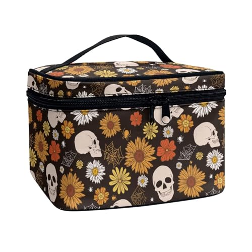 Xoenoiee Tragbare Make-up-Tasche, große Tragetasche, Kosmetiktasche mit Griff, Reise-Kulturbeutel für Frauen und Mädchen, Make-up-Organizer, Totenkopf Gänseblümchen, Einheitsgröße von Xoenoiee