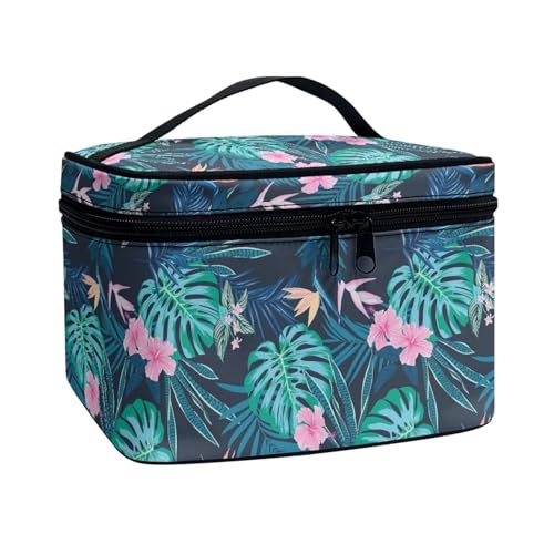 Xoenoiee Tragbare Make-up-Tasche, große Tragetasche, Kosmetiktasche mit Griff, Reise-Kulturbeutel für Frauen und Mädchen, Make-up-Organizer, Tropisches Blattblumen, Einheitsgröße von Xoenoiee