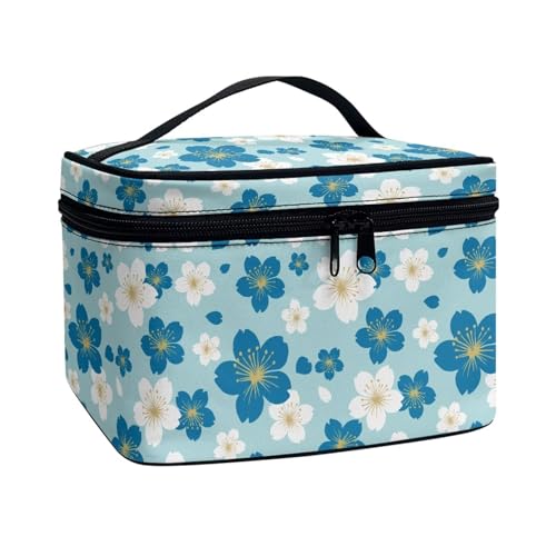 Xoenoiee Tragbare Make-up-Tasche, große Tragetasche, Kosmetiktasche mit Griff, Reise-Kulturbeutel für Frauen und Mädchen, Make-up-Organizer, Weiß-blaue Kirschblüte, Einheitsgröße von Xoenoiee