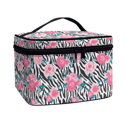 Xoenoiee Tragbare Make-up-Tasche, große Tragetasche, Kosmetiktasche mit Griff, Reise-Kulturbeutel für Frauen und Mädchen, Make-up-Organizer, Zebrastreifen, Blumenmuster, Einheitsgröße von Xoenoiee