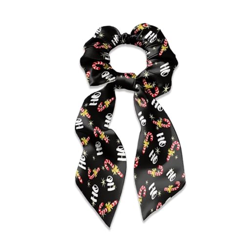 Xoenoiee Zuckerstange Schwarz Weihnachtsmuster Satin Haargummis für dickes Haar Weiche Haargummis mit Schleife für Frauen Bunny Ear Scrunchies Elastische Haarschmuck für Mädchen 1 Packung von Xoenoiee