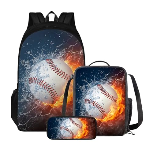 Xoenoiee c Schulrucksack-Set mit 3 Stück, Teenager, Studenten, große Kapazität, Thermo-Lunchbox, Federmäppchen, 3-in-1, für Jungen und Mädchen, Feuerwasserspritzer, American Football-Design von Xoenoiee