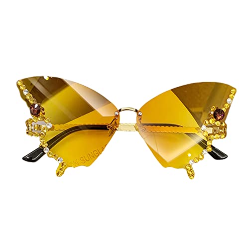 Xoktlde Butterfly Sonnenbrille für Damen, randlos, kleines Gesicht, Strass, Katzenaugenbrille, Farbverlauf gelb von Xoktlde