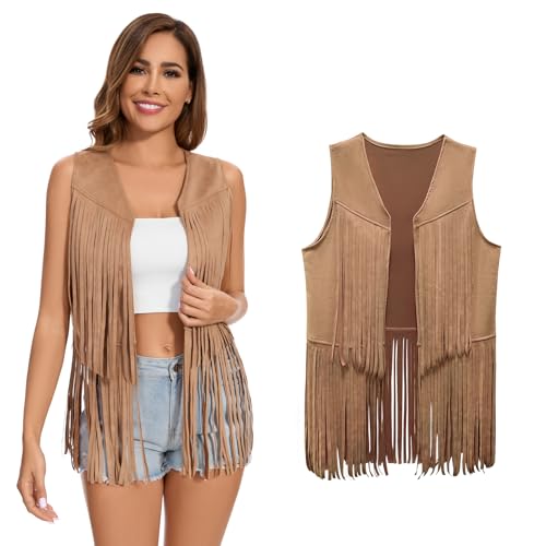 XonyiCos Damen Fringe Weste 70er Jahre 60er Jahre Hippie Weste Ärmellose Cowgirl Western Faux Wildleder Quaste Lederjacke Karneval und Rollenspiele Kostüme (Khaki Quaste Weste, XL) von XonyiCos