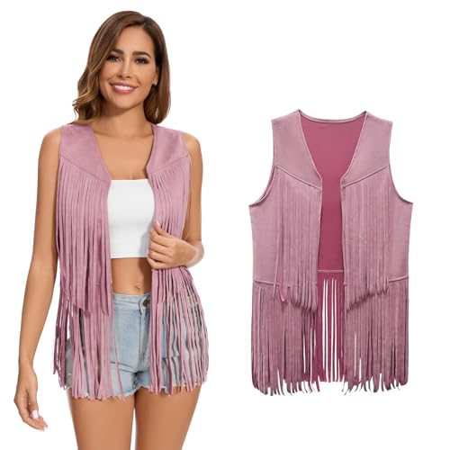 XonyiCos Damen Fringe Weste 70er Jahre 60er Jahre Hippie Weste Ärmellose Cowgirl Western Faux Wildleder Quaste Lederjacke Karneval und Rollenspiele Kostüme (Rosa Quaste Weste, M) von XonyiCos