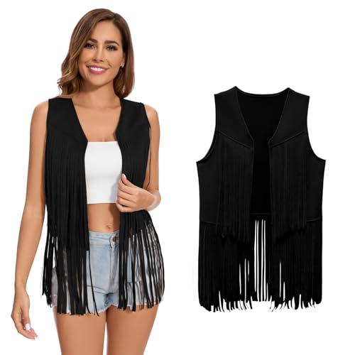 XonyiCos Damen Fringe Weste 70er Jahre 60er Jahre Hippie Weste Ärmellose Cowgirl Western Faux Wildleder Quaste Lederjacke Karneval und Rollenspiele Kostüme (Schwarze Quaste Weste, M) von XonyiCos
