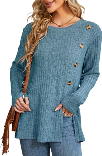 Damen-Pullover,Lange Sweatshirts für Damen,Langarm-Oberteile,Langarmshirt，Rundhalsausschnitt,Damen-Pullover Langarm,blau,Größe XXL von Xpenyo