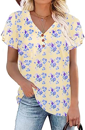 Xpenyo Damen Blusen und Hemden Schmetterlingsärmel Damen Arbeitsoberteile Sommer Pullover Blumendruck T-Shirts Gerippter Knopfpullover Gelbe Blume M von Xpenyo