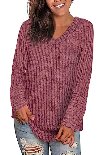 Xpenyo Damen Gestreiftes Top Winter Tunika Tops Langarmshirts V-Ausschnitt Pullover Lässige T-Shirts für Damen Rot S von Xpenyo