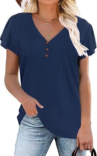 Xpenyo Damen Henley T-Shirts, Gerippte Rüschenärmel Tops Damen Schlanke Passform Blusen Einfarbig lässige Pullover Sommer Knopf T-Shirt, Deep Blue S von Xpenyo