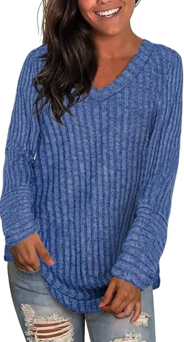 Xpenyo Damen Langarm Pullover Einfache Tuniken Klassisches Sweatshirt Lockere Passform Tops Herbst Bequeme Bluse Blau Größe XL von Xpenyo