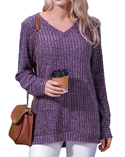 Xpenyo Damen Langarm Pullover Einfache Tuniken Klassisches Sweatshirt Lockere Passform Tops Herbst Bequeme Bluse Lila Größe L von Xpenyo