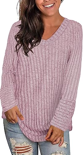 Xpenyo Damen Langarmshirts Streifen Sweatshirt Loses Hemd V-Ausschnitt Blusen Lange Valentinstag Tunika Tops (Rosa,L) von Xpenyo