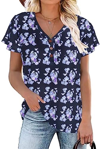 Xpenyo Damen Sommer Tops V-Ausschnitt T-Shirts Plissee Kurzarm Bluse Für Damen lässige Blumen Henley Shirts Schwarz Blume XL von Xpenyo