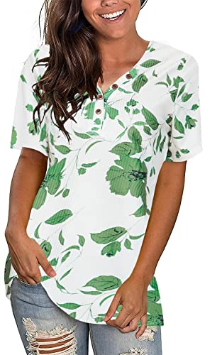 Kurzärmeliges Damen-Top, Sommer-Top, lockere Blusen, tägliche T-Shirts, lässige Tops, Knopf, Basic-T-Shirt, Henley-Tunika, Pullover, 1-a-04 grün Blume, X-Large von Xpenyo