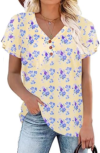 Xpenyo Damen Sommerkleidung V-Ausschnitt Tops Blumendruck Damen Rüschen Flügelärmel Blusen Lässig Knopf T-Shirts Grundlegende Hemden Gelbe Blume L von Xpenyo