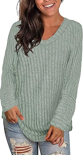 Xpenyo Damen Sweatshirts Lose Tuniken Oberteile V-Ausschnitt Pullover Langarm Pullover Lässige Blusen Winter Pullover Grün L von Xpenyo