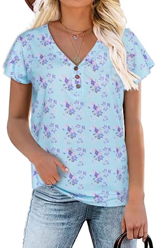 Xpenyo Damen Tunika Tops Rüschen Kurzarm Pullover V-Ausschnitt Solide Knöpfe Gerippt Blumendruck Bluse Damen Einfach Henley T-Shirt Blaue Blume L von Xpenyo