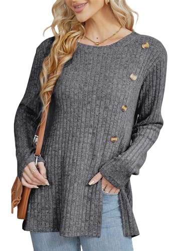 Xpenyo Damen Tunika mit O-Ausschnitt, Langarm-Pullover, lässige Knöpfe, Hemden, lockere Pullover (Hellgrau,XXL) von Xpenyo