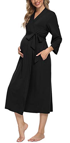 Xpenyo Damen Umstands-Nachtwäsche, Arbeit/Lieferung/Still/Krankenhaus Nachthemd Kimono Roben Lange Schwangerschaft Loungewear, Schwarz, Large von Xpenyo