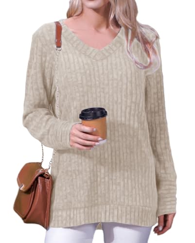 Xpenyo Damen V-Ausschnitt Tops Langarm Pullover Damen Tunika Tops lässig Lose Shirts Beige Größe M von Xpenyo