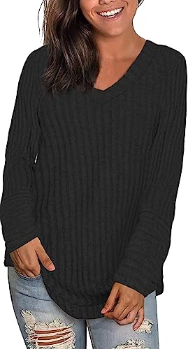 Xpenyo Damen süße Tops Langarm Pullover V-Ausschnitt Tunika Shirt Lässiger Pullover Loser Pullover Weiche Blusen Schwarz S von Xpenyo