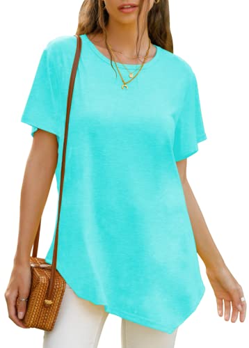 Xpenyo Kurzärmliges, einfarbiges Sommer-T-Shirt, Lange Tunika, lässige Bluse, Rundhalsausschnitt, Hanky-Saum, lockere Oberteile für Frauen (A-1-aqua, XX-Groß) von Xpenyo