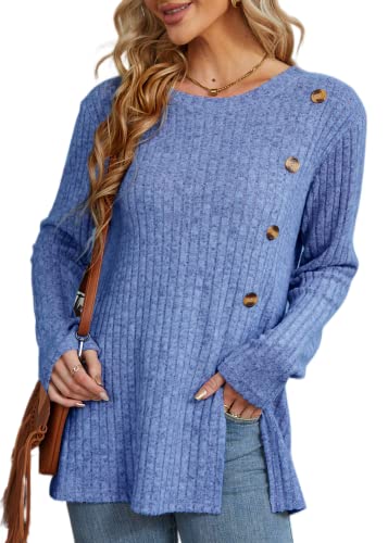 Xpenyo Langarm-Sweatshirt für Damen, lockere Hemden, O-Ausschnitt, Knöpfe, Pullover, leichte Tunika-Oberteile (blau,XXL) von Xpenyo