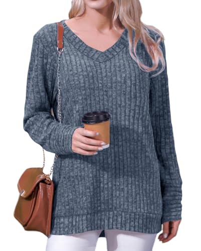 Xpenyo Langarm-Tops für Damen,leichte Pullover,Damen-Tunika-Tops mit V-Ausschnitt,lässig，blau,S von Xpenyo