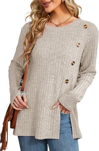 Xpenyo Strickpullover für Damen,lässig,elegant,leicht,Langarm-Oberteile,Sweatshirt ohne Kapuze,Strickpullover,Langarmshirt,Tunika Beige,XL von Xpenyo