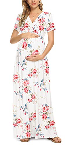 Xpenyo Umstands-Maxikleid für Damen, lässig, floral, lang, Babyparty, Schwangerschaftskleid, Rosenblume, Weiß, 2XL von Xpenyo