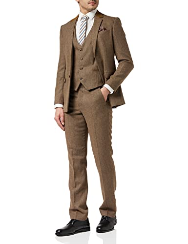 Herren 3 Stück Herringbone Tweed-Anzug in Brown Retro Style Einbau [SUIT-X6068-4-TAN-64EU] von Xposed