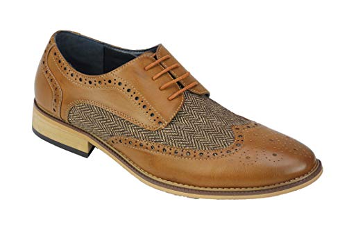 Männer Gatsby Style-Tweed mit Fischgrätmuster Smart-Formal Brogue-Schuh-Klassiker Oxford Schnürer [A2312H-TAN-46] von Xposed