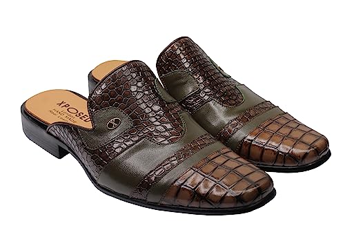 Xposed Halbschuhe für Herren aus echtem Leder mit Krokoprägung, Retro-Slip-On, rückenfreie Loafer-Pantoletten [M139M6-GREEN-42] von Xposed