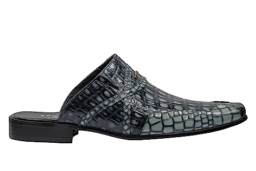 Xposed Herren-Halbschuhe aus echtem Leder, Schwarz-Grau-Lack, glänzendes Schlangenleder-Print, rückenfreie Loafer-Mules [M139-671-GRAY-44] von Xposed