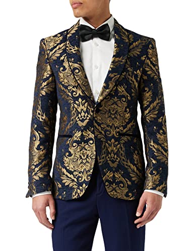 Xposed Herren-Jacquard-Blazer mit goldenem Brokat auf beflocktem marineblauem Samt, maßgeschneiderter Smoking-Jacke [BLZ-311-BLUE-52] von Xposed
