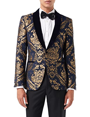 Xposed Herren-Jacquard-Blazer mit goldenem Brokat auf beflocktem marineblauem Samt, maßgeschneiderter Smoking-Jacke [BLZ-311-BLUE-VELVET-40] von Xposed