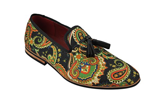 Xposed Herren Leder Quaste Loafer Vintage Designer Style Paisley Drucken Schuhe Schwarz Blau [UK 10 EU 44, Schwarz] von Xposed